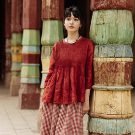 绽放旅行女装472朵/醇酒高支苎麻塔克细褶大摆七分袖圆领小衫