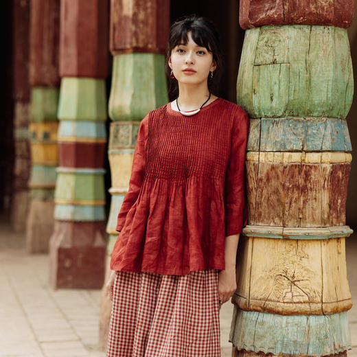 绽放旅行女装472朵/醇酒高支苎麻塔克细褶大摆七分袖圆领小衫 商品图0