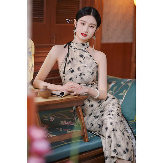 新中式挂脖丝麻，气质修身长旗袍LSB2692 商品图3