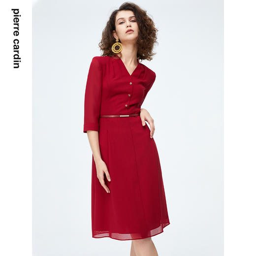 皮尔卡丹女装连衣裙法式经典短袖红色V领场合礼服裙P4215D4010R1
 商品图4