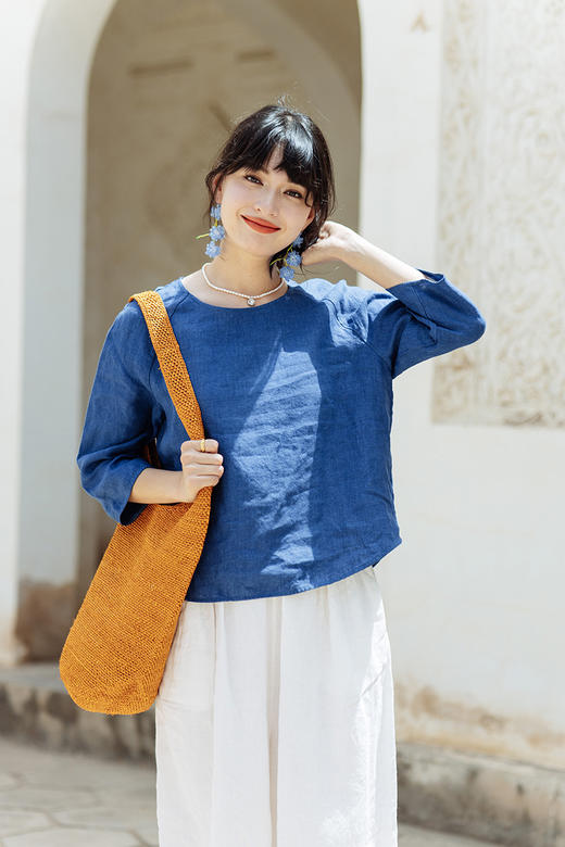 绽放旅行女装512朵/亚麻简约显瘦圆领套头衫九分袖纯色宽松小衫 商品图5