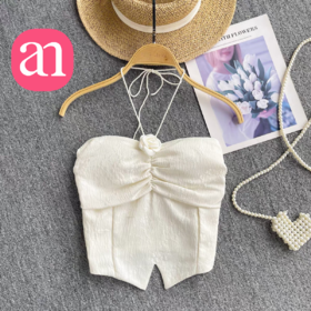 【特价29】性感辣妹玫瑰花挂脖系带吊带 纯欲风提花压褶抹胸上衣夏季  15194039