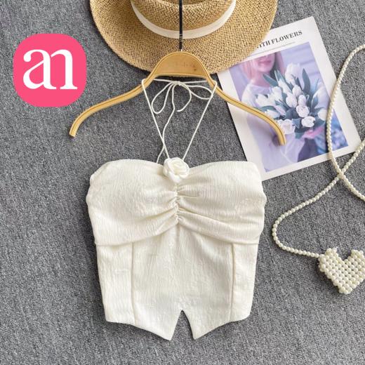 【特价29】性感辣妹玫瑰花挂脖系带吊带 纯欲风提花压褶抹胸上衣夏季  15194039 商品图0