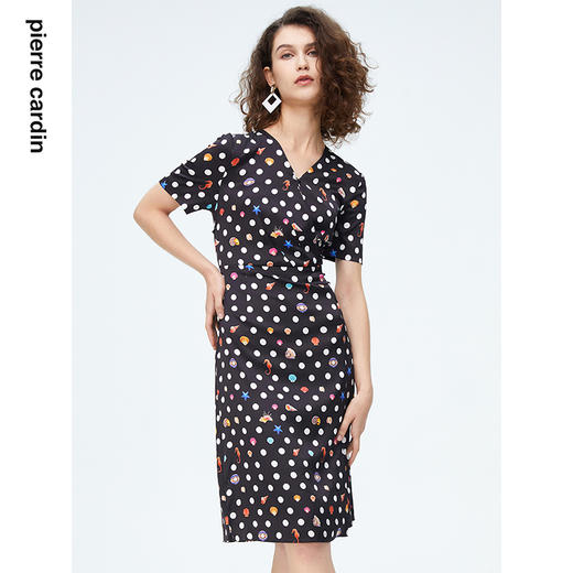 皮尔卡丹女装时尚波点修身通勤短袖真丝连衣裙P4227D4131B3 商品图2