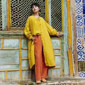 绽放旅行女装577朵/砂洗亚麻开襟系扣碎褶宽松落肩圆领长袖外套