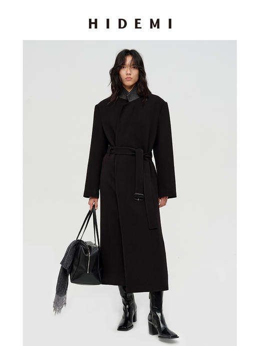 HIDEMI 极简廓形设计感翻领式宽肩垫肩宽长款西装腰带式斜纹大衣 商品图4