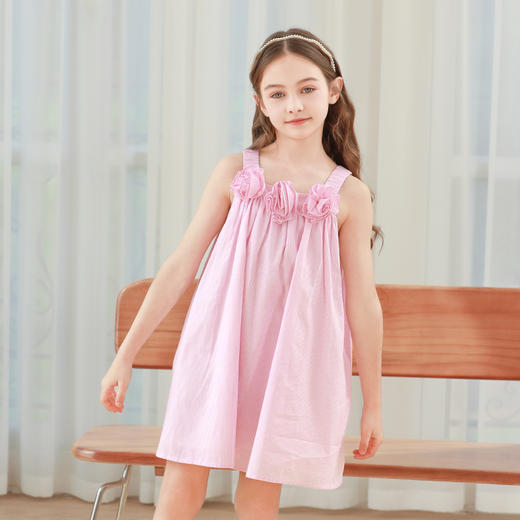 mettekids女童连衣裙2024夏季新款粉色花朵儿童纯棉吊带公主裙子 商品图2
