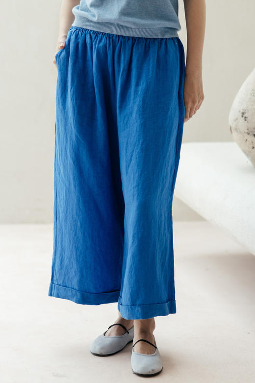 绽放旅行女装437/进口高支亚麻松紧腰卷边九分裤直筒廓形休闲裤女 商品图5
