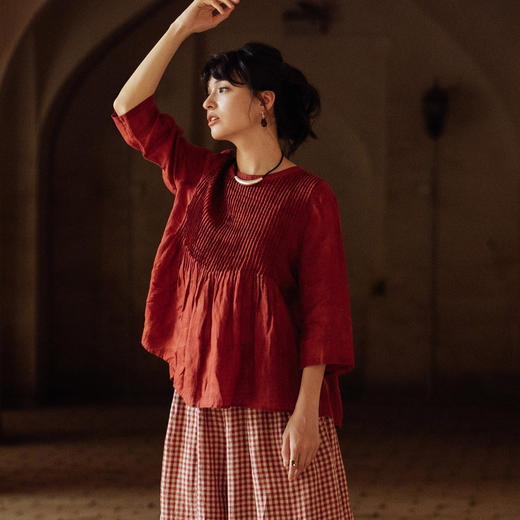 绽放旅行女装472朵/醇酒高支苎麻塔克细褶大摆七分袖圆领小衫 商品图1