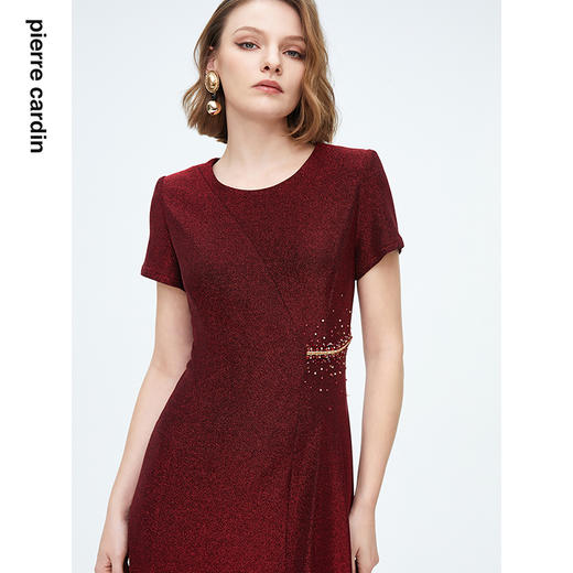 皮尔卡丹女装连衣裙短袖红色亮面收腰场合通勤礼服裙P4240D4014T0
 商品图4