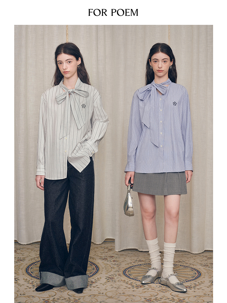 ForPoem 现货 24/FW原创设计V领可拆卸飘带宽松条纹衬衫