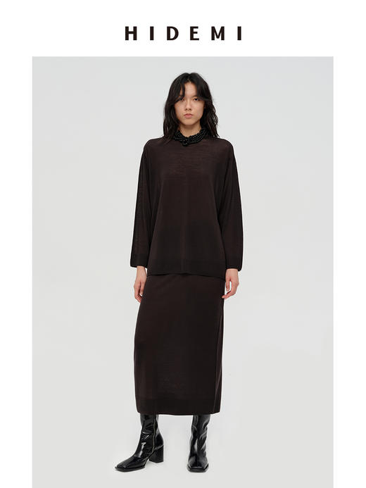 HIDEMI 澳洲进口美利奴羊毛系列60支极细精纺羊毛极简圆领廓形感毛衣半裙套装 乌木棕/深烟灰 商品图1