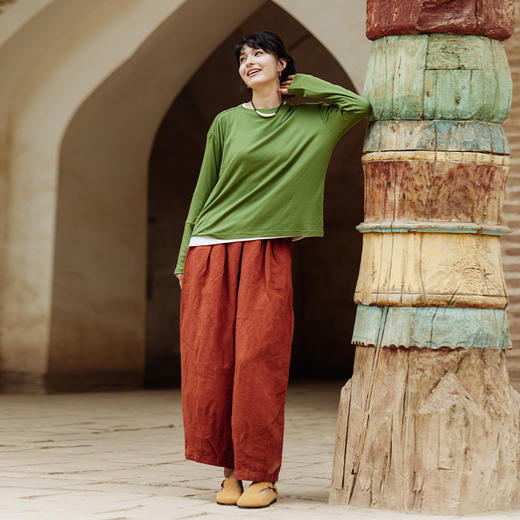 绽放旅行女装593朵/天丝羊毛弹力圆领柔软感落肩长袖文艺纯色T恤 商品图3