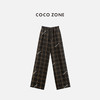 COCO ZONE 100亚麻格纹松紧腰休闲撞色直筒裤CC2C1254 商品缩略图0