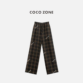 COCO ZONE 100亚麻格纹松紧腰休闲撞色直筒裤CC2C1254