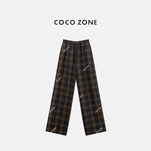 COCO ZONE 100亚麻格纹松紧腰休闲撞色直筒裤CC2C1254 商品图0