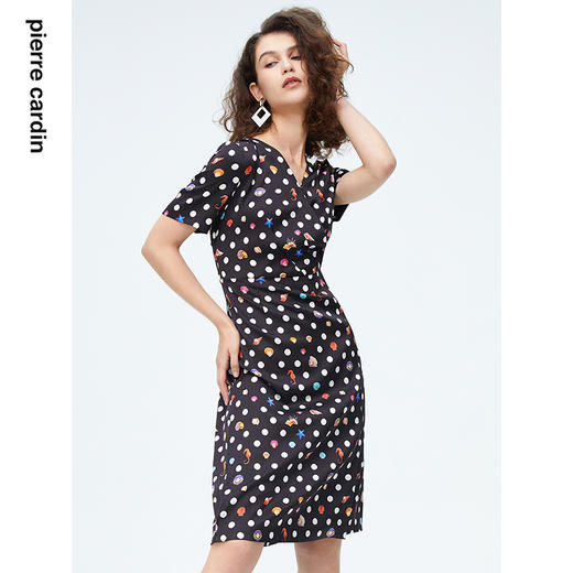 皮尔卡丹女装时尚波点修身通勤短袖真丝连衣裙P4227D4131B3 商品图3