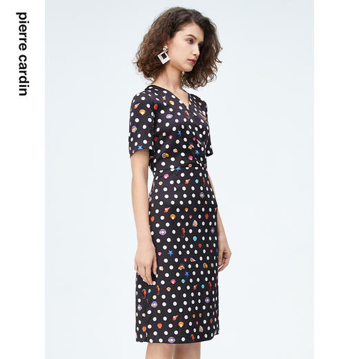 皮尔卡丹女装时尚波点修身通勤短袖真丝连衣裙P4227D4131B3 商品图1