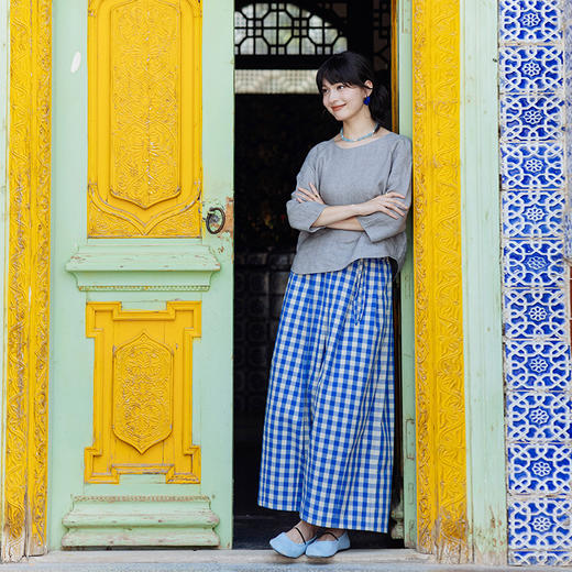 绽放旅行女装512朵/亚麻简约显瘦圆领套头衫九分袖纯色宽松小衫 商品图2