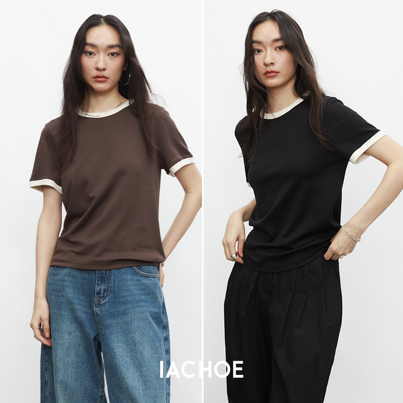 棉仓3431501010  24SS夏季新品多色镶边短袖T恤女真丝棉打底上衣