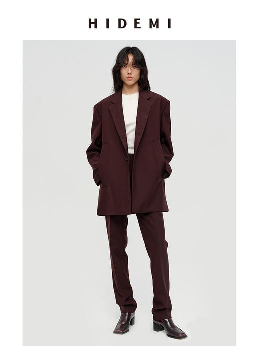 HIDEMI 极简设计感甄选斜纹精纺羊毛挺括感立体剪裁翻领式宽肩宽松西装套装 黑色/勃艮第红 西装/烟管长裤 商品图8