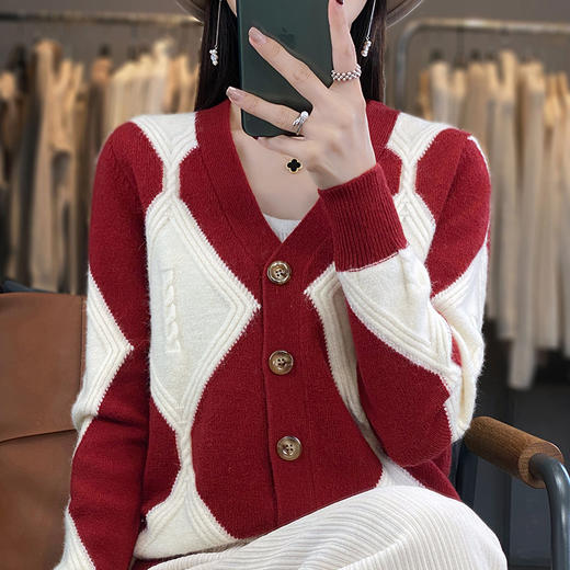 早秋拼色菱形格撞色时尚开衫针织衫女款打底上衣SZ2714 商品图2