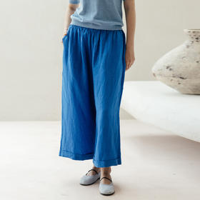 绽放旅行女装437/进口高支亚麻松紧腰卷边九分裤直筒廓形休闲裤女