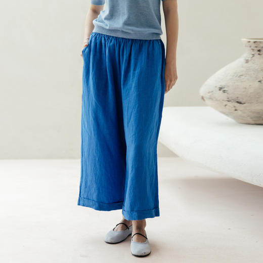 绽放旅行女装437/进口高支亚麻松紧腰卷边九分裤直筒廓形休闲裤女 商品图0