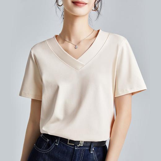 商场同款液氨白色短袖正肩t恤女 24凉感丝光棉V领打底衫体恤半袖 商品图2