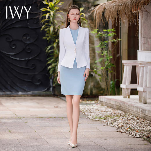 IWY/秋款白色长袖西装外套蓝色连衣裙职业装气质时尚通勤干练套裙C1761+Q620 商品图0