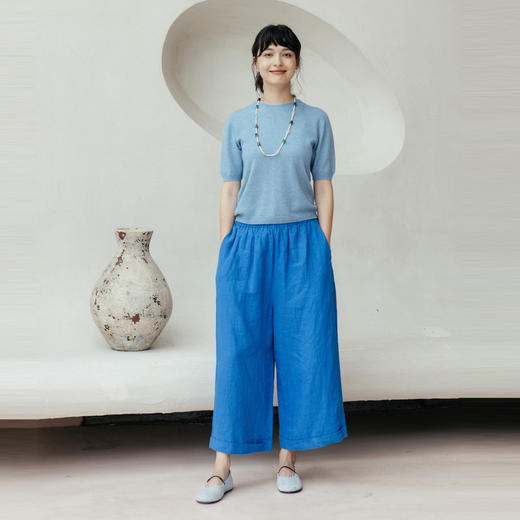绽放旅行女装437/进口高支亚麻松紧腰卷边九分裤直筒廓形休闲裤女 商品图2