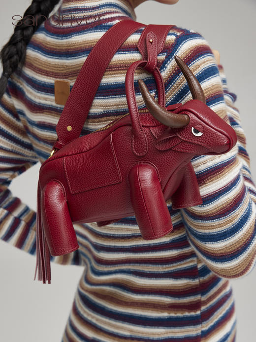 青海荔枝纹头层牛皮牛角手拎斜挎包SJF96P673N 商品图1