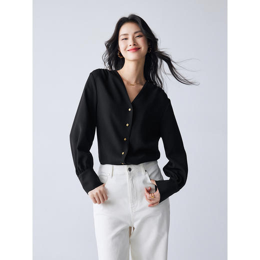 棉仓352604004伯爵领肩部贝壳褶醋酸衬衫女设计感春秋气质宽松灯笼袖衬衣 商品图2