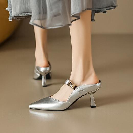 【预售5天】法式复古一字带包头拖鞋头层牛皮优雅女人味尖头细跟凉拖MLD&AD751 商品图4