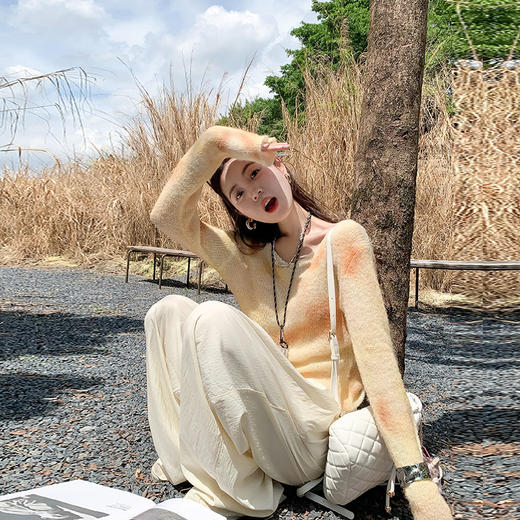 <曾小咸推荐>【里斯本落日】黄咖撞色长袖毛织上衣 商品图4