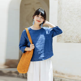 绽放旅行女装512朵/亚麻简约显瘦圆领套头衫九分袖纯色宽松小衫