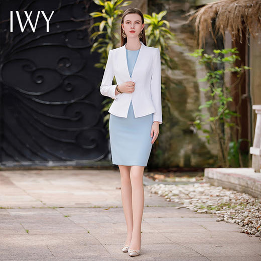 IWY/秋款白色长袖西装外套蓝色连衣裙职业装气质时尚通勤干练套裙C1761+Q620 商品图2