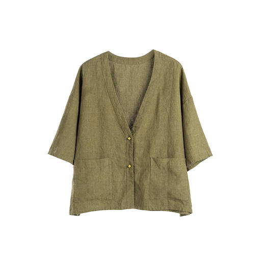 绽放旅行女装529朵/汉麻原木吊坠扣开襟v领小衫宽松落肩中袖开衫 商品图4