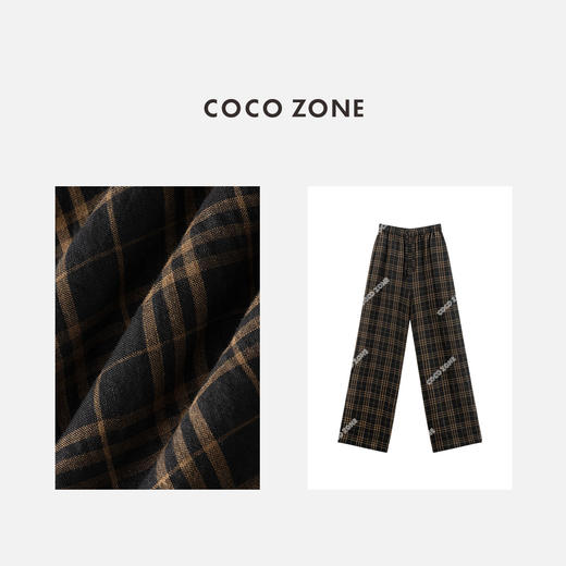 COCO ZONE 100亚麻格纹松紧腰休闲撞色直筒裤CC2C1254 商品图2