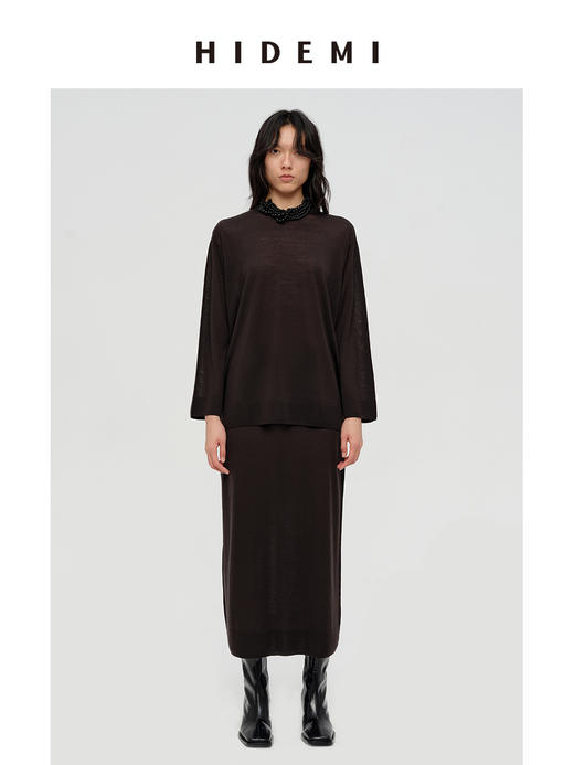 HIDEMI 澳洲进口美利奴羊毛系列60支极细精纺羊毛极简圆领廓形感毛衣半裙套装 乌木棕/深烟灰 商品图3