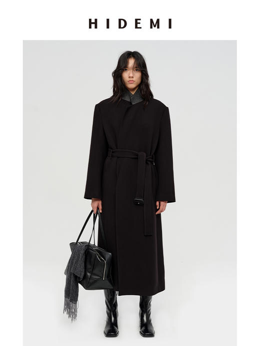 HIDEMI 极简廓形设计感翻领式宽肩垫肩宽长款西装腰带式斜纹大衣 商品图5