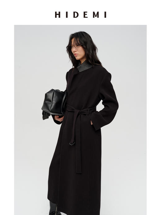 HIDEMI 极简廓形设计感翻领式宽肩垫肩宽长款西装腰带式斜纹大衣 商品图7
