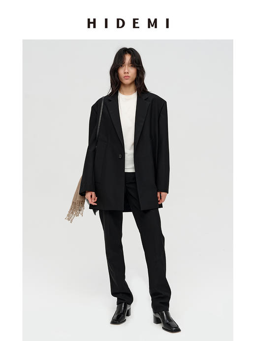 HIDEMI 极简设计感甄选斜纹精纺羊毛挺括感立体剪裁翻领式宽肩宽松西装套装 黑色/勃艮第红 西装/烟管长裤 商品图7