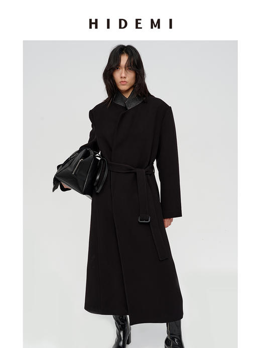 HIDEMI 极简廓形设计感翻领式宽肩垫肩宽长款西装腰带式斜纹大衣 商品图6
