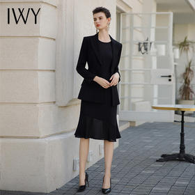 IWY/秋款正式场合职业套装裙黑色长袖西装外套无袖连衣裙职业工装C1956+Q1062