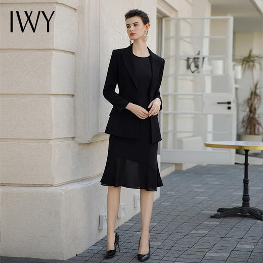 IWY/秋款正式场合职业套装裙黑色长袖西装外套无袖连衣裙职业工装C1956+Q1062 商品图0
