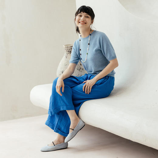 绽放旅行女装437/进口高支亚麻松紧腰卷边九分裤直筒廓形休闲裤女 商品图3