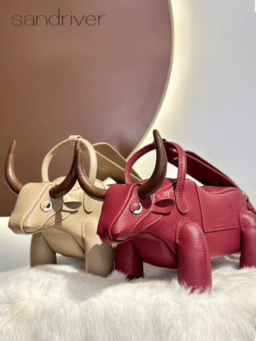 青海荔枝纹头层牛皮牛角手拎斜挎包SJF96P673N 商品图3