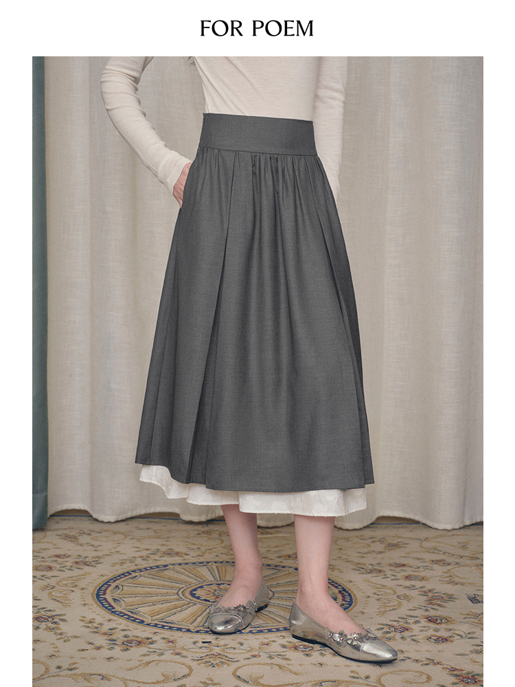 ForPoem 现货 24/FW原创设计撞色边精纺羊毛A字中长半裙