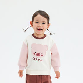 棉果果秋季新品女童春秋款简约百搭撞色卡通小熊圆领套头卫衣M322180224407